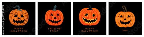 Set of halloween jack o lantern cartoon illustration doodle. Scary october holiday decoration collection in hand drawn style. Spooky autumn party graphic bundle, creepy carved smiling pumpkin.