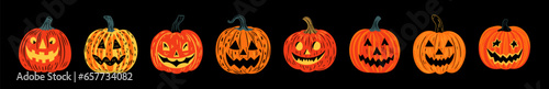 Set of halloween jack o lantern cartoon illustration doodle. Scary october holiday decoration collection in hand drawn style. Spooky autumn party graphic bundle, creepy carved smiling pumpkin.