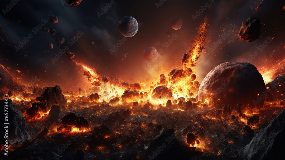 Asteroid impact, end of world, judgment day, Group of burning exploding. Generative Ai