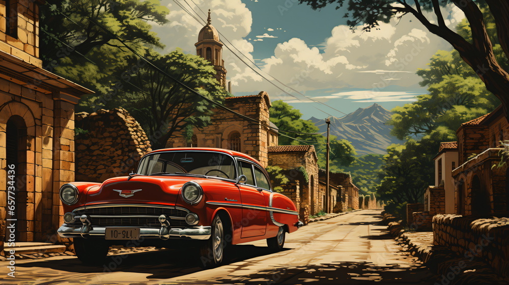 custom made wallpaper toronto digitalRetro car parked in old European city street