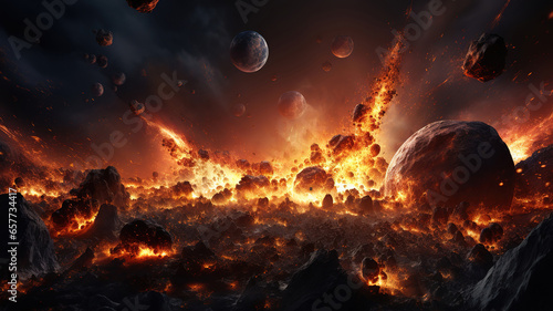 Asteroid impact, end of world, judgment day, Group of burning exploding. Generative Ai © Mukhlesur