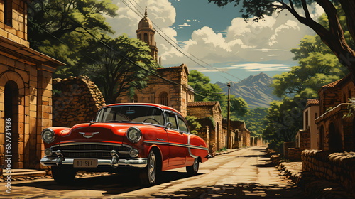 Wallpaper Mural Retro car parked in old European city street Torontodigital.ca