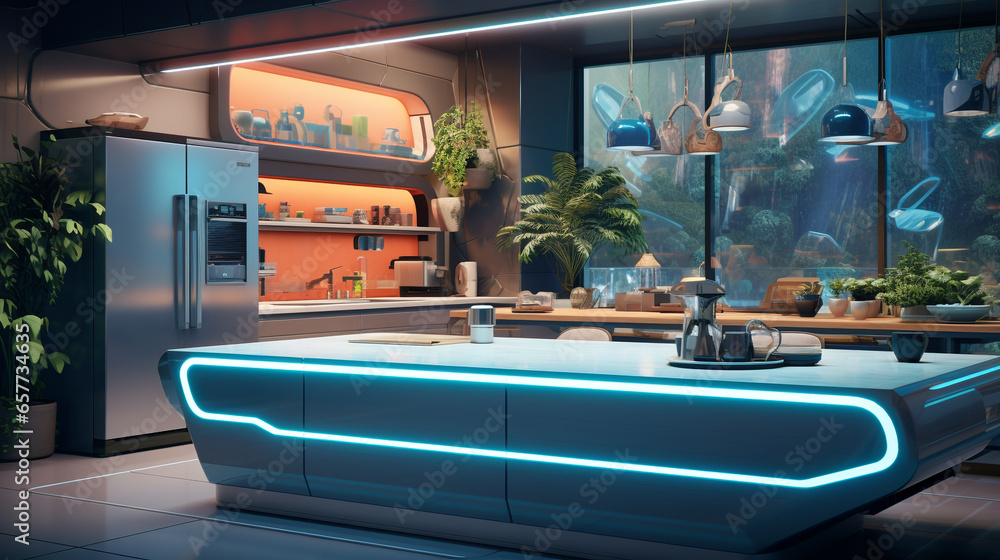 futuristic kitchen with friendly theme, garden pots and eco-friendly technology generative ai