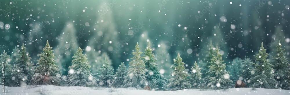 A winter wonderland with snow-covered trees and falling snowflakes