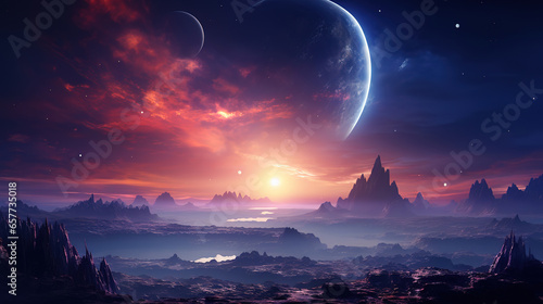 Planet sunrise in space. sci-fi concept. Generative Ai
