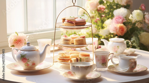 tea, cup, coffee, food, breakfast, white, drink, dessert, flower, teapot, table, cake, flowers, plate,