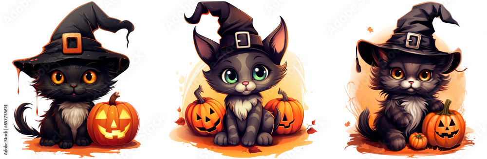 Set of cute halloween cat with pumpkin, cartoon illustration