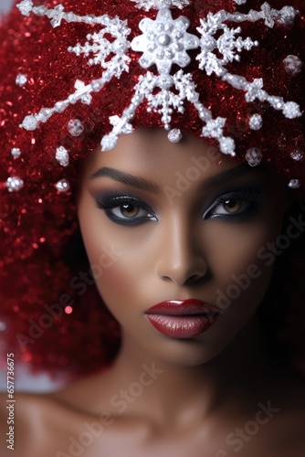 A woman with red hair wearing a snowflake hat
