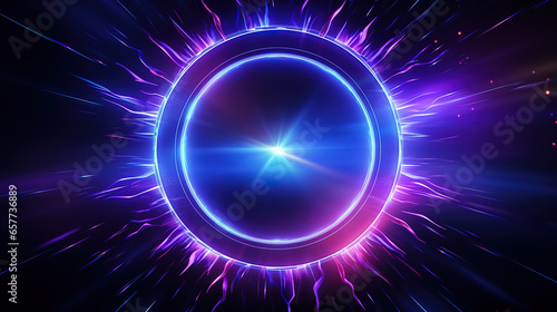 Blue purple neon laser rings with rays abstract background, Technology. Generative Ai