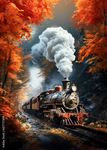 Picturesque steam train travels through a beautiful autumn landscape, gorge, nature, experience, miniature, model railway, generative AI