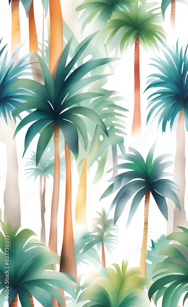 Tall tropical trees wall mural painted art, watercolor art style wallpaper background, Generative AI