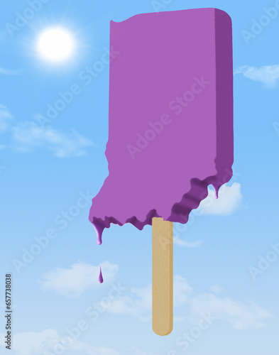 The state of Indiana is seen as a popsicle melting in the hot sun in a 3-d illustration about global warming in the Hoosier state. photo