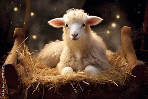 A beautiful portrayal of Jesus as the Lamb of God, nestled in a humble manger, represents the pure and gentle essence of His birth. (AR 3:2)