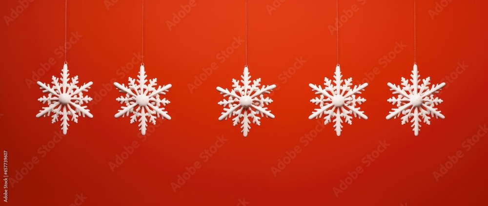 Snowflakes hanging from strings on a vibrant red background