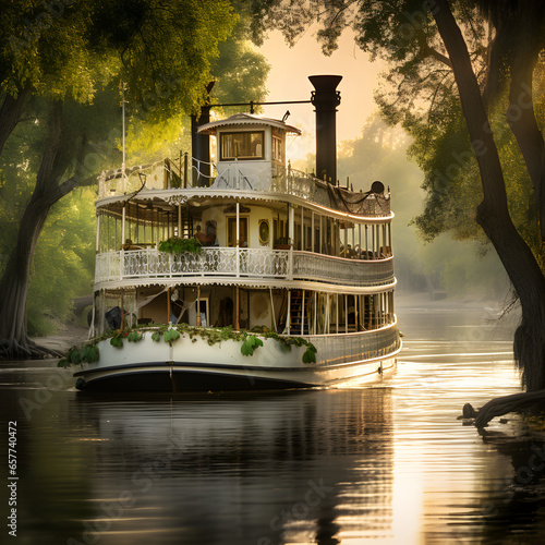 An old fashioned riverboat floating down a river in the South. Generative ai. 