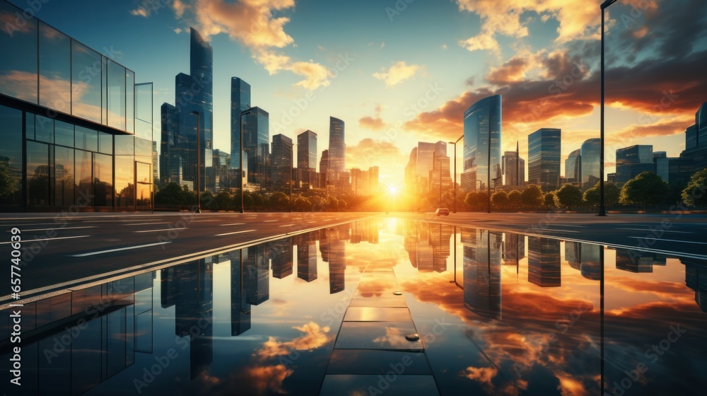 Fototapeta premium Modern office building or business center. High-rise window buildings made of glass reflect the clouds and the sunset. empty street outside wall modernity civilization. growing up business