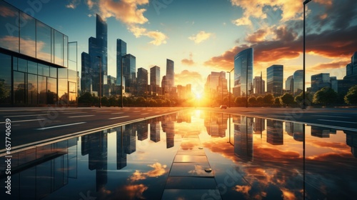 Modern office building or business center. High-rise window buildings made of glass reflect the clouds and the sunset. empty street outside wall modernity civilization. growing up business