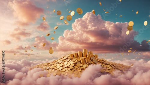 Pile of golden coins on the colorful clouds and blue sky, Business and finance concept. ai generative