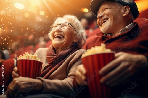 Happy senior couple watching movie on red seats in the movie theater background.
