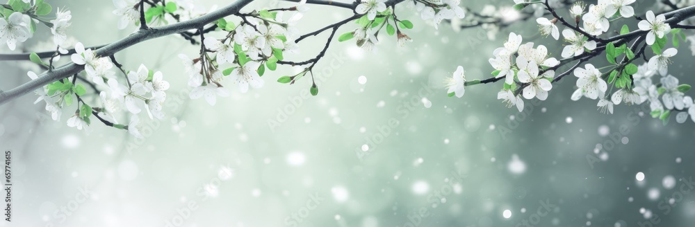 A snowy tree branch with beautiful white flowers in bloom - obrazy, fototapety, plakaty 