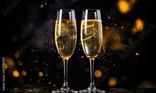 Two glasses of champagne on a black background