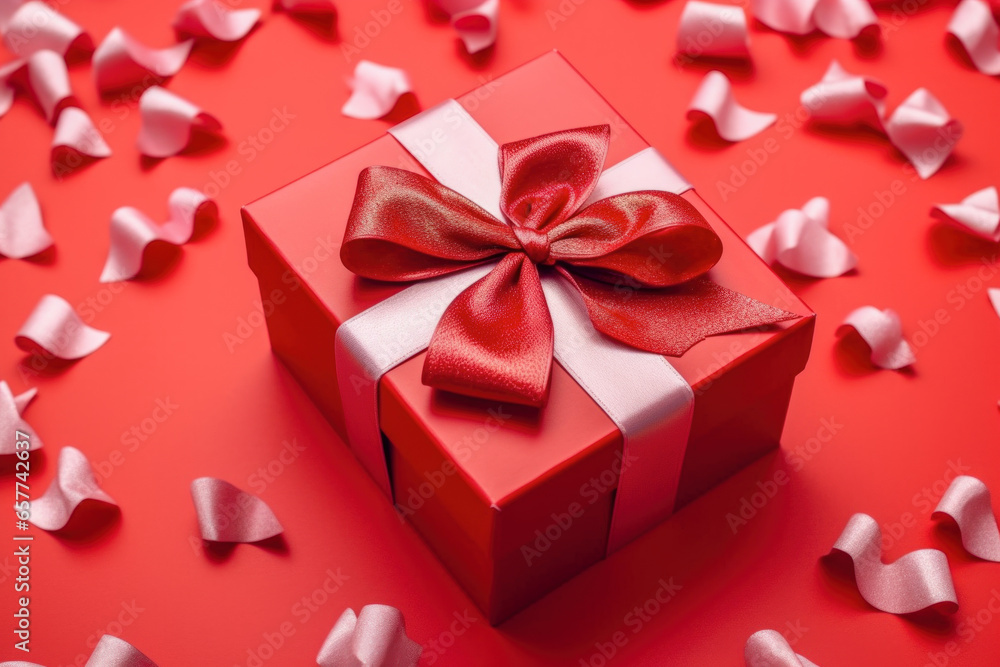 Red gift box with ribbon and bow isolated on red background.Holiday gift with Birthday, Christmas present, flat lay, top view, copy space Red gift box with ribbon and bow isolated on red background.Holiday gift with Birthday, Christmas present, flat lay, top view, copy space