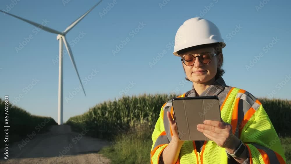 Woman engineer at a wind farm with a tablet in his hand adjusts the wind turbine Woman engineer at a wind farm with a tablet in his hand adjusts the wind turbine