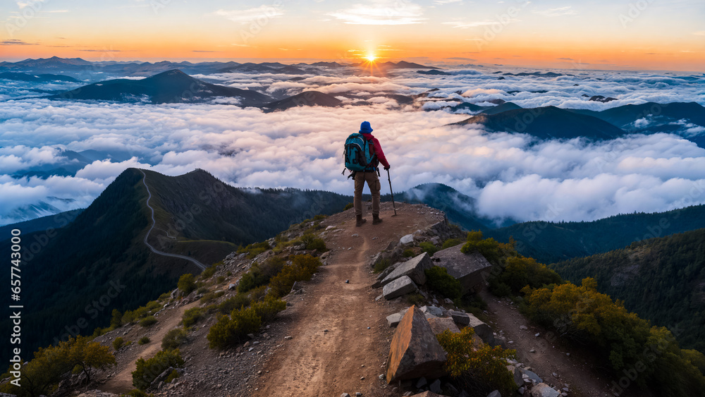 A man on a mountain top above the clouds looks into the distance. Sunrise. Generative AI