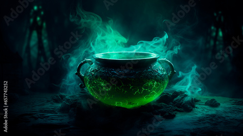 green cauldron with smoke. Halloween background with glowing light