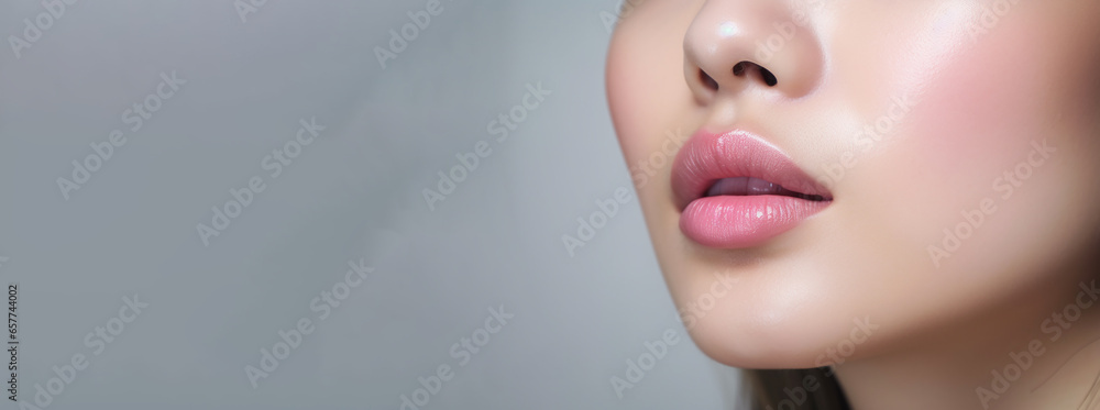 healthy human lips with pink glossy and shiny lipstick , a Skincare and beauty and a cosmetic concept - obrazy, fototapety, plakaty 