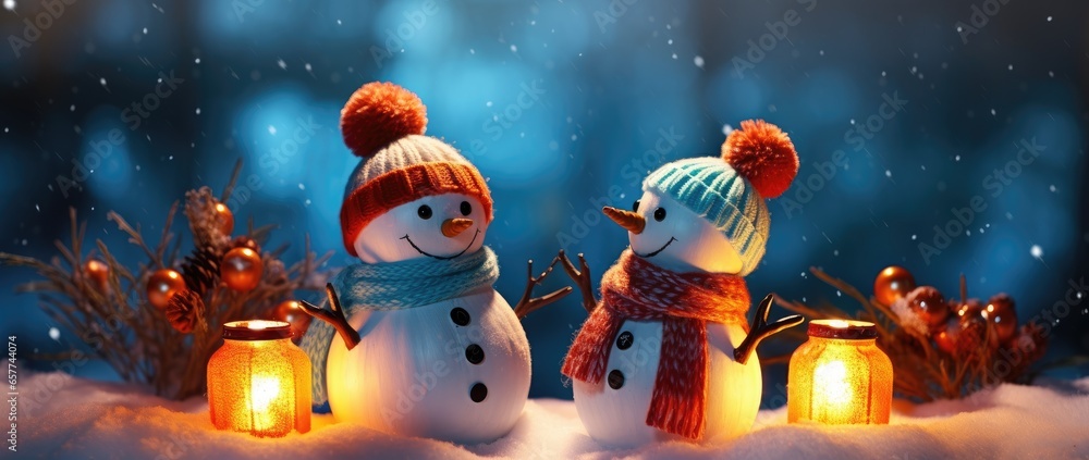 Naklejka premium Two snowmen standing together in a snowy landscape