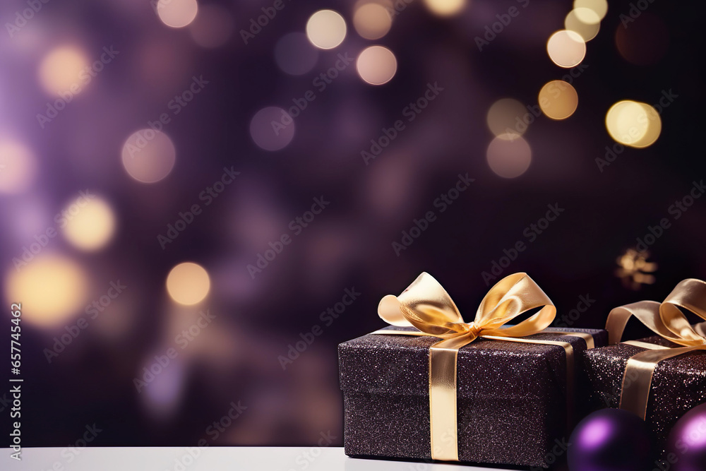 colorful wrapped christmas gifts in gold, purple and black with christmas decorations in front of a dark bokeh background with space for text, christmas background colorful wrapped christmas gifts in gold, purple and black with christmas decorations in front of a dark bokeh background with space for text, christmas background