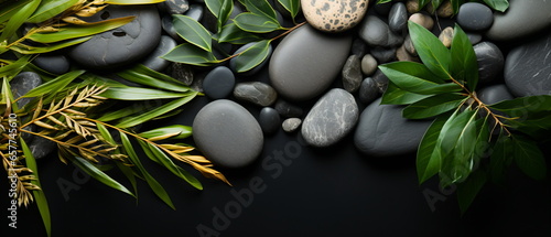 cobblestone and leaves on table background