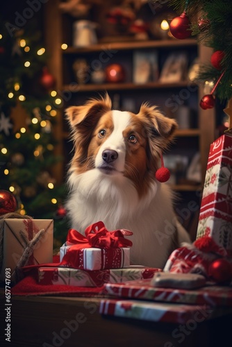 A dog sitting in front of a beautifully decorated Christmas tree surrounded by presents