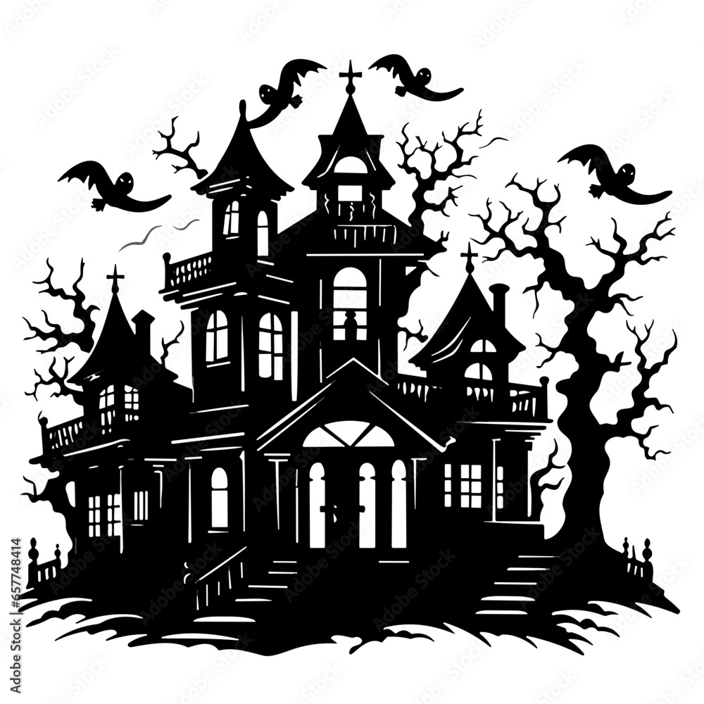 Haunted House Silhouette, Spooky House, Halloween 