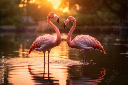 Majestic flamingos gracefully stand in tranquil water  bathed in the golden hues of sunset. Generative AI.