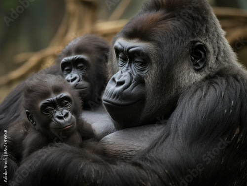 A serene family of gorillas bonding in their natural habitat, showcasing the intricate dynamics of primate relationships. Generative AI.