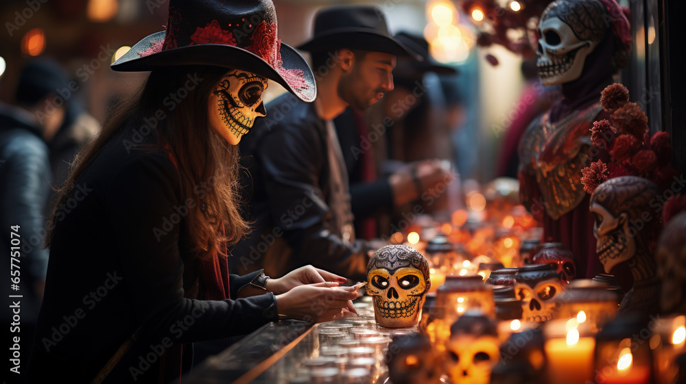 Day of the Dead & Halloween Display - Sugar Skulls vs Jack-o'-Lanterns in Boutique Window, Girls and Boys Lighting Skull Lanterns, AI-Generated 8K
