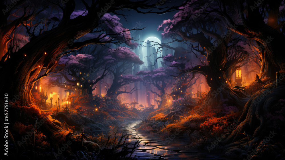 Mystical Halloween Forest Scene - Eerie and Enchanting Atmosphere, AI-Generated Mystical Halloween Forest Scene - Eerie and Enchanting Atmosphere, AI-Generated