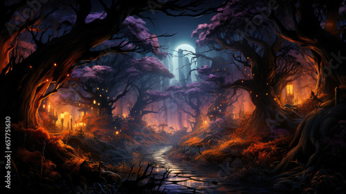 Mystical Halloween Forest Scene - Eerie and Enchanting Atmosphere  AI-Generated