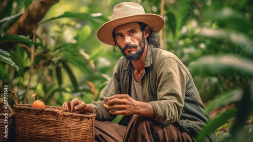 Colombian man wearing hat harvesting ripe coffee on plantation. Portrait of Farmer picking red bean.