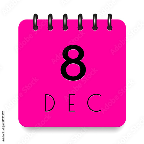8 day of the month. December. Pink calendar daily icon. Black letters. Date day week Sunday, Monday, Tuesday, Wednesday, Thursday, Friday, Saturday. Cut paper. White background. Vector illustration.