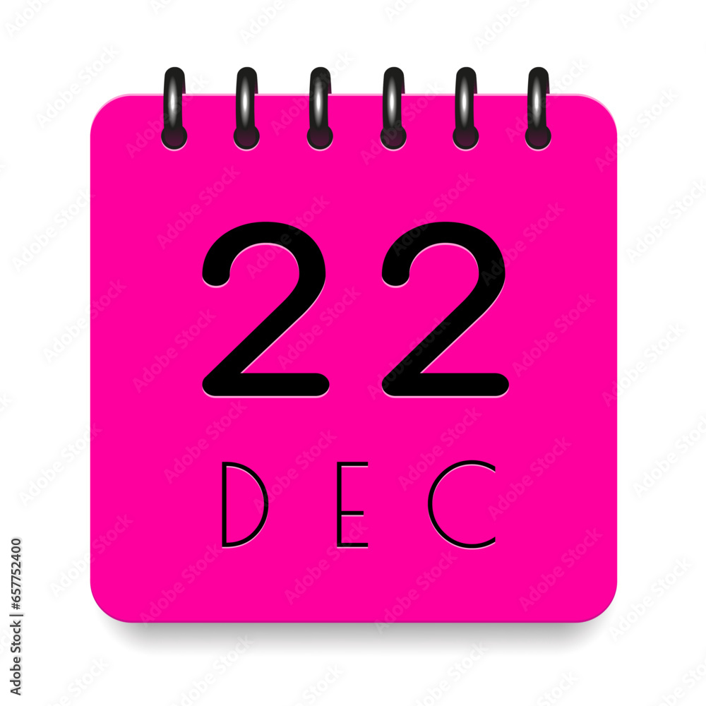 22 day of the month. December. Pink calendar daily icon. Black letters ...