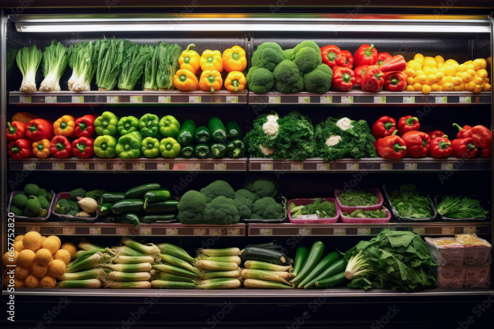 Colorful vegetables lined up on the grid on a supermarket display shelf. Cooking and purchasing shopping concept.