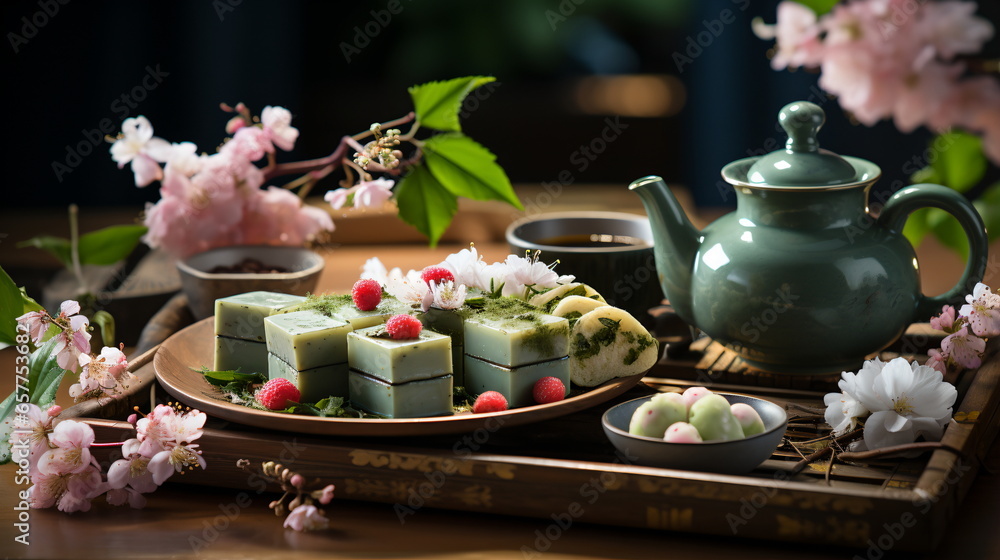 Naklejka premium Japanese dessert mochi with matcha green tea powder and cherry, japanese tea ceremony