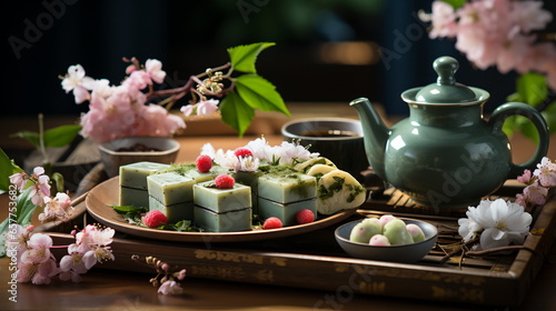 Japanese dessert mochi with matcha green tea powder and cherry  japanese tea ceremony