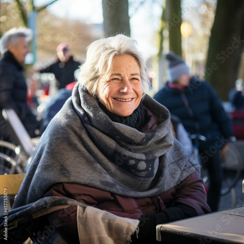 smiling gray-haired woman iin the park photo