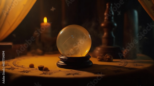 A yellow mystical crystal ball resting on a table in the dimly lit, enigmatic chamber of a fortune teller. © Roxy jr.