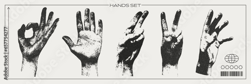 Hands set with a retro photocopy effect. Trendy y2k elements for design. Grain effect and stippling. Vector dots texture. 