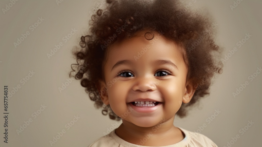 A cheerful toddler girl grinning against a soft beige backdrop. A cheerful toddler girl grinning against a soft beige backdrop.